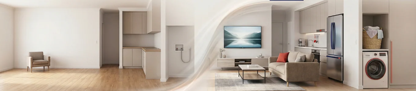 Modern home interior transformation featuring a smooth transition from an empty house to a fully equipped kitchen and laundry area with high-end appliances and minimalist furniture