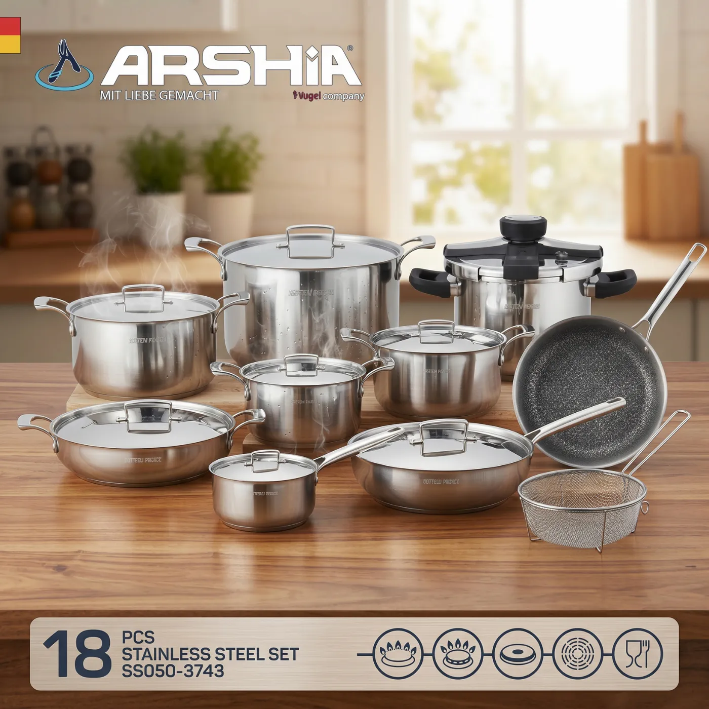 arsha-heart-tigal-steel-set-with-pressure-cooker-18-pieces-appearance1 طقم استيل ارشيا قلب تيقال بحلة ضغط 18 قطعه - الصورة 1